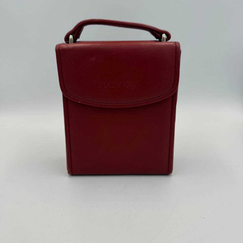 Mary Kay Red Faux Leather Travel Jewelry Case Organizer with Mirror and Handle